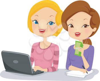 Illustration of Female Business Partners Sitting Side by Side in Front of a Computer