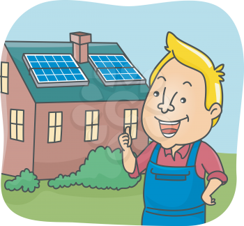 Illustration of a Man Standing in Front of a House Equipped with Solar Panels
