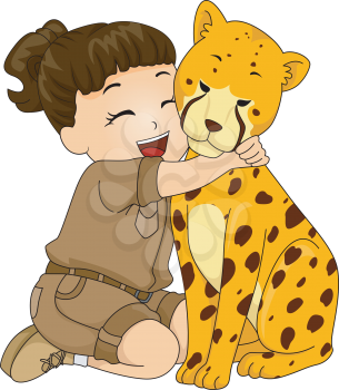 Illustration of a Girl in a Safari Outfit Hugging a Stuffed Cheetah Toy