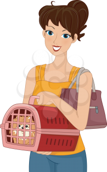 Illustration of a Woman Carrying a Dog in a Pet Carrier