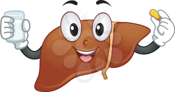 Mascot Illustration Featuring a Liver Holding a Pill in One Hand and a Glass of Water in the Other