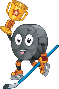 Mascot Illustration Featuring an Ice Hockey Puck Carrying a Golden Trophy