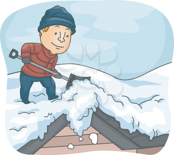 Illustration of a Man Shoveling Snow from His Roof