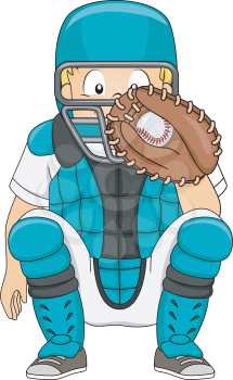 Illustration of a Boy Dressed in Baseball Gear Assuming a Catcher's Position