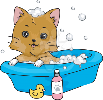 Illustration Featuring a Cute Little Cat Taking a Bath
