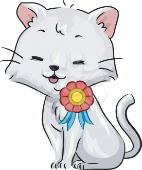 Illustration of a Happy Cat with a Ribbon on its Shoulder