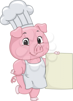 Illustration of a Pig Dressed as a Chef Holding a Piece of Blank Board