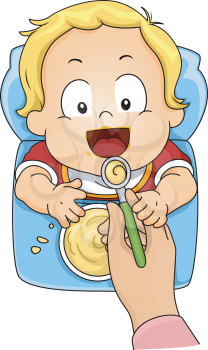 Illustration Featuring a Baby Boy Being Fed with Instant Cereal