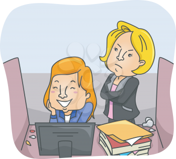 Illustration Featuring a Female Employee Caught by Her Boss Playing at Work