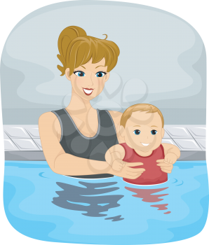 Illustration Featuring a Mother and Her Son Taking a Swim