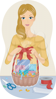 Illustration Featuring a Woman Making a Gift Basket