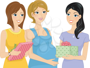 Illustration Featuring Women Presenting Gifts to Their Pregnant Friend