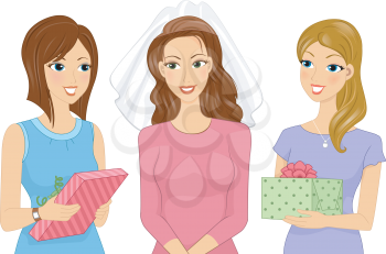 Illustration Featuring Friends Offering Presents to the Bride
