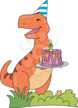 Illustration Featuring a Happy T-Rex Holding a Birthday Cake