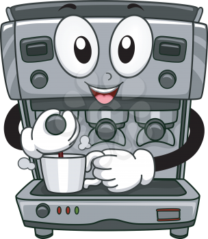 Mascot Illustration Featuring a Coffee Machine Dispensing Coffee