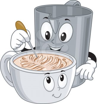 Mascot Illustration Featuring a Pitcher Making Latte Art
