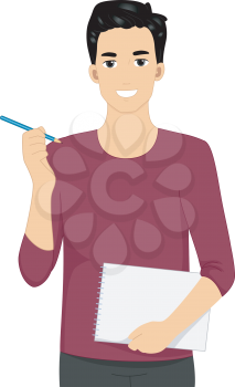 Illustration Featuring a Male Designer Holding a Pencil and Notebook