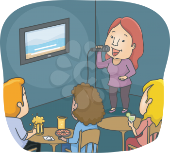 Illustration Featuring a Woman Singing in a Karaoke Bar