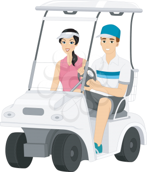 Illustration Featuring a Couple Driving Around in a Golf Cart