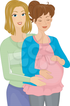 Illustration Featuring a Doula Assisting a Pregnant Woman