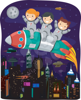 Cyberpunk Illustration of Kids in Spacesuits Riding a Space Rocket
