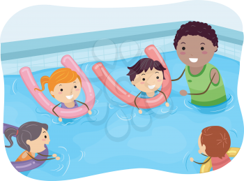 Illustration of Kids Being Taught How to Swim by a Swimming Coach