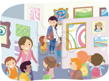 Illustration of Kids Checking Paintings in an Art Exhibit