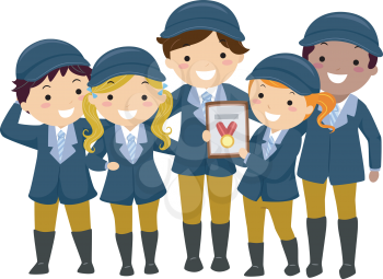 Illustration of Kids in Equestrian Uniforms Showing the Medal They Won