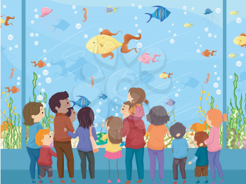 Illustration of a Family Watching Sea Animals in a Giant Aquarium