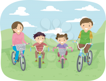 Illustration of a Family Taking a Stroll in the Park in Their Bicycles