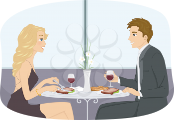 Illustration of a Couple in Formal Attire Having a Romantic Dinner Date