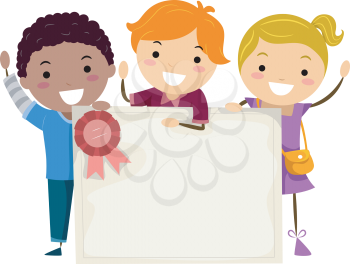 Stickman Illustration of Kids Holding a Group Certificate