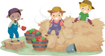Illustration of Stickman Kids Playing With Hay and Apples