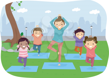 Illustration of Stickman Kids Doing Yoga Outdoors