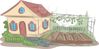 Illustration of a Small House with a Garden on The Side