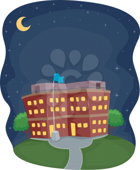 Illustration of a School Building Operating at Night