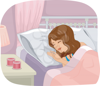 Illustration of a Girl Sleeping Soundly Next to Scented Candles Sitting on a Bedside Table