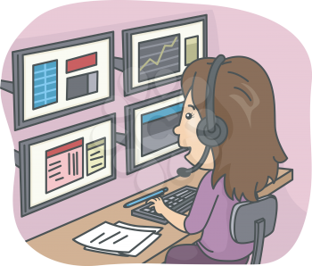 Illustration of a Female Stock Market Employee Working With Multiple Monitors