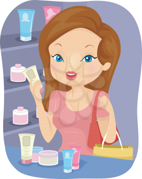 Illustration of a Girl Checking Out the Labels of the Beauty Products in a Store