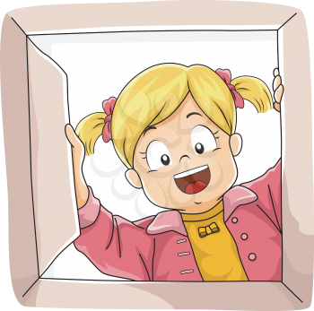 Illustration of a Little Girl Peeking Inside a Box