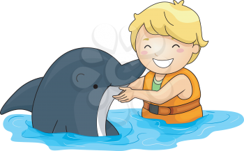 Illustration of a Little Boy Playing With a Dolphin