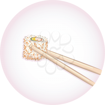 Illustration of a Pair of Chopsticks Holding a Piece of California Maki