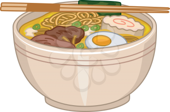 Illustration of a Bowl of Ramen With a Pair of Chopsticks Resting on Top
