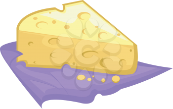Illustration of a Slice of Swiss Cheese Resting on a Purple Cloth