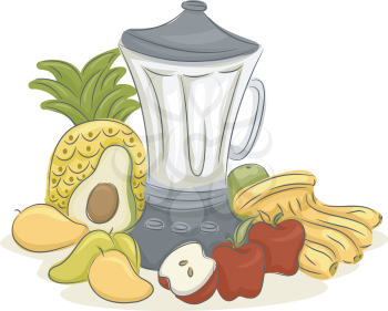 Illustration of an Electric Blender Surrounded by Different Fruits