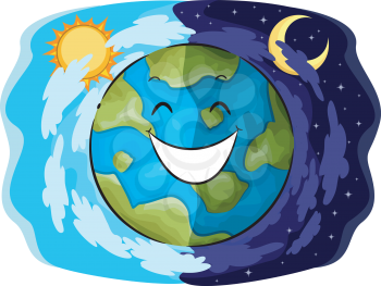 Mascot Illustration of a Happy Earth Showing the Contrast Between Day and Night