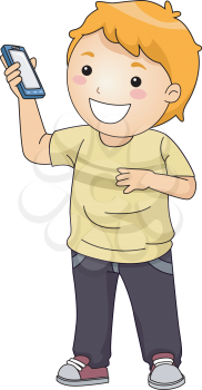Illustration of a Little Boy Showing His Smartphone