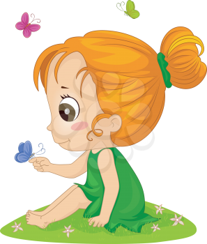 Illustration of a Little Girl Playing with Colorful Butterflies