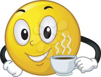 Mascot Illustration of a Smiley Holding a Cup of Hot Coffee