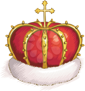 Illustration of a Golden Crown with a Cross on Top and a Rim of White Fur at the Bottom